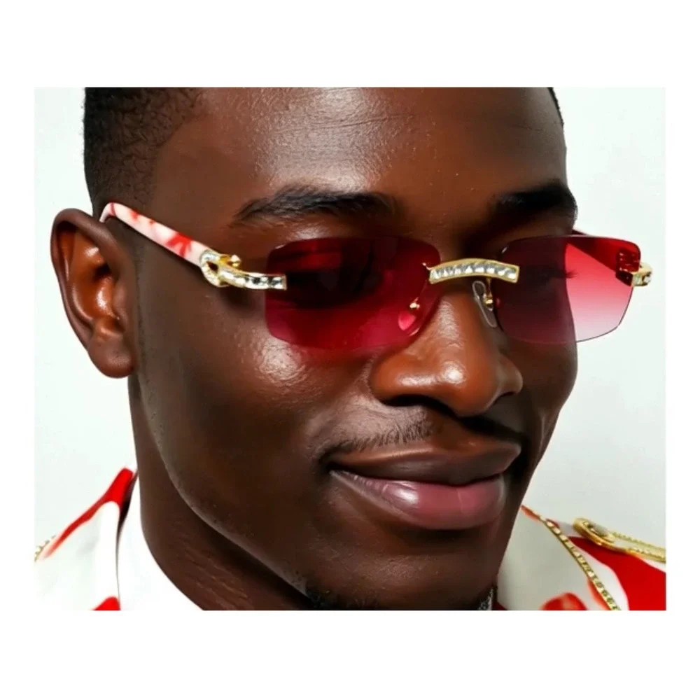 Rhinestone Rimless Sunglasses Red Lens Fashion Shades Small Diamond Hip Hop‎ New